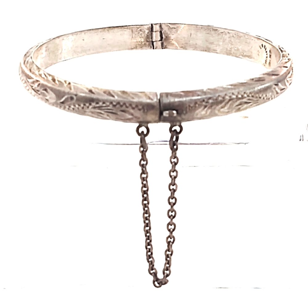 Vintage Etched Sterling Silver Bangle Bracelet
